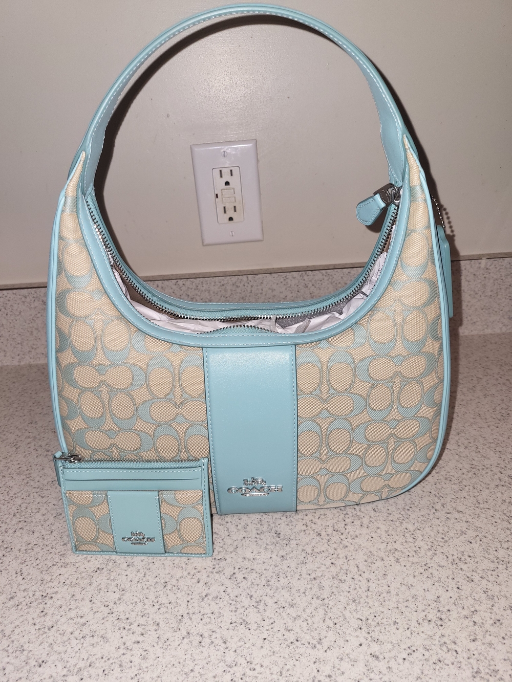 Coach Light Blue and Cream Signature Shoulder Hobo with Card Case